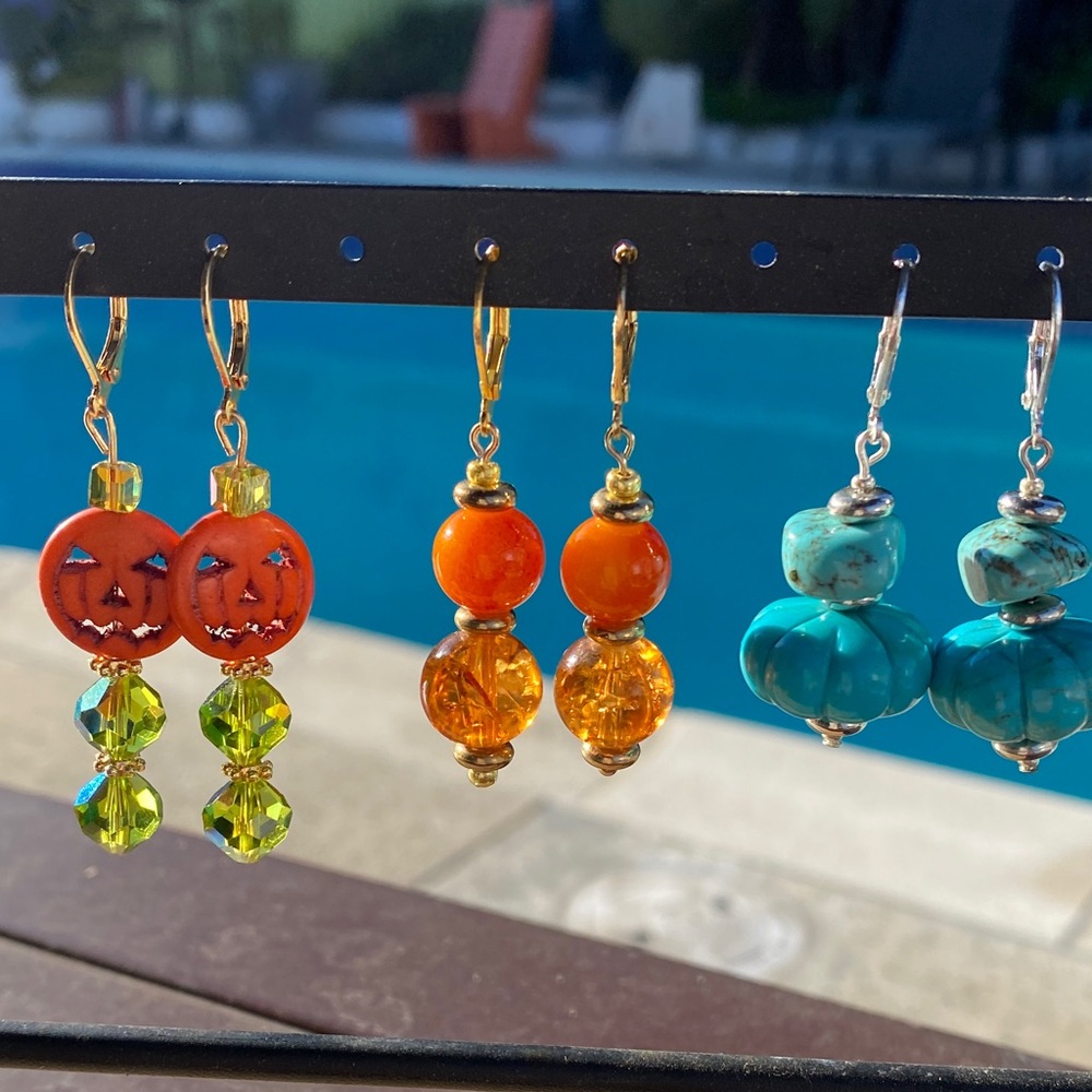 (Set of 3) Artisan Fall/Harvest Orange and Turquoise Pumpkin Earrings